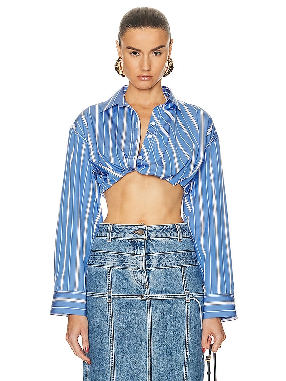 JACQUEMUS La Chemise Bahia Courte Top in Blue Stripes | FWRD