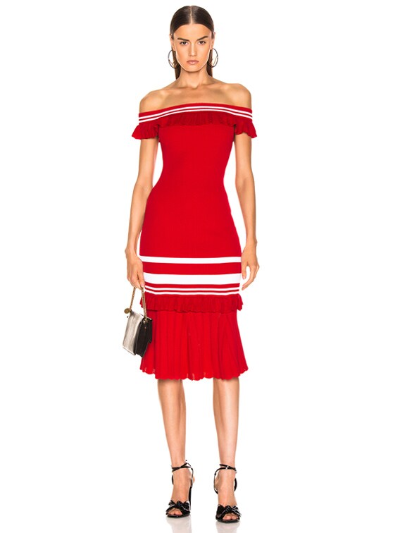 SIMKHAI for FWRD Off the Shoulder Knit Dress in Red & White | FWRD