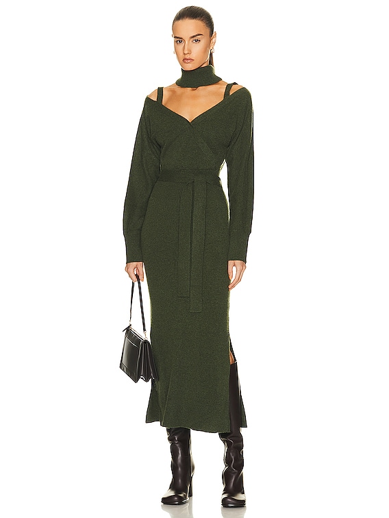SIMKHAI Astred Recycled Cashmere Off The Shoulder Turtleneck Midi Dress in  Hunter Green | FWRD