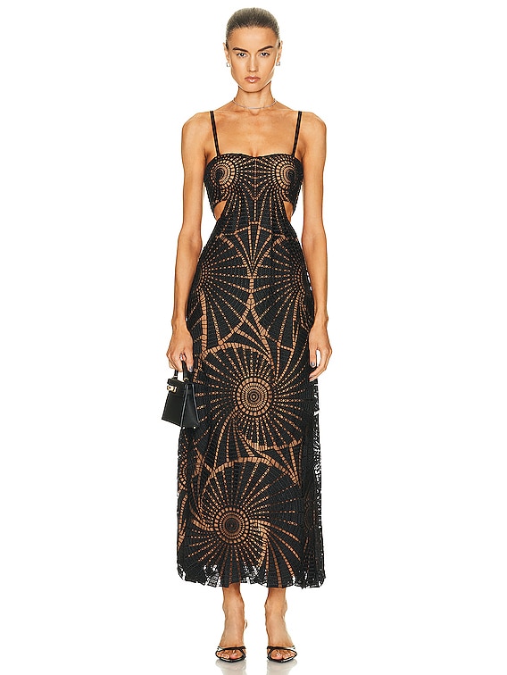 SIMKHAI Jamie Fossil Guipure Combo Midi Dress in Black | FWRD