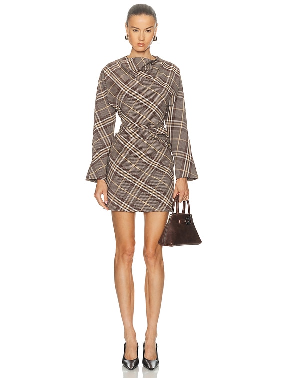 SIMKHAI Harpor Longsleeve Mini Dress in Chocolate Plaid | FWRD