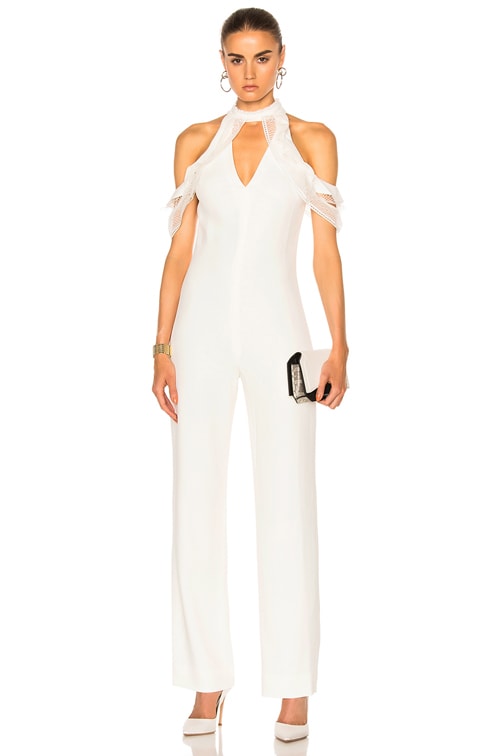 white cold shoulder jumpsuit