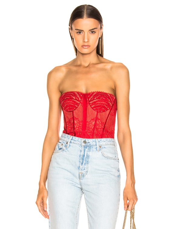 SIMKHAI Mixed Lace Bustier Bodysuit in Fire Red