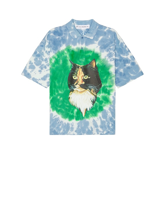 JW Anderson Cat Print Tie Dye Polo Shirt in Bright Blue & Bright