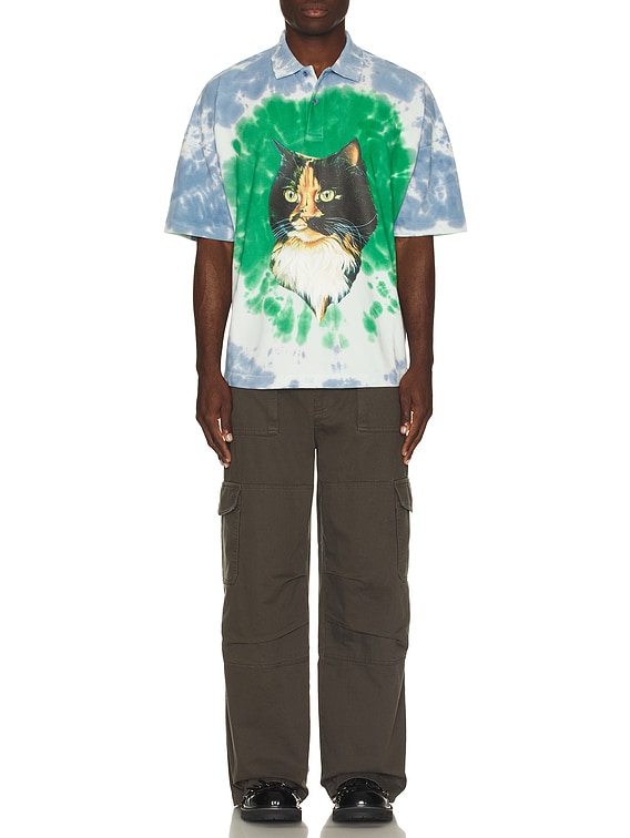 JW Anderson Cat Print Tie Dye Polo Shirt in Bright Blue & Bright