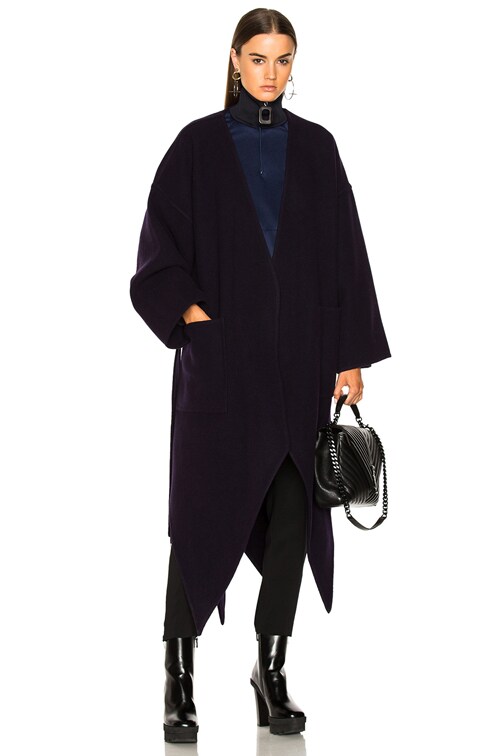 JW Anderson Pointed Hem Double Face Coat in Navy | FWRD