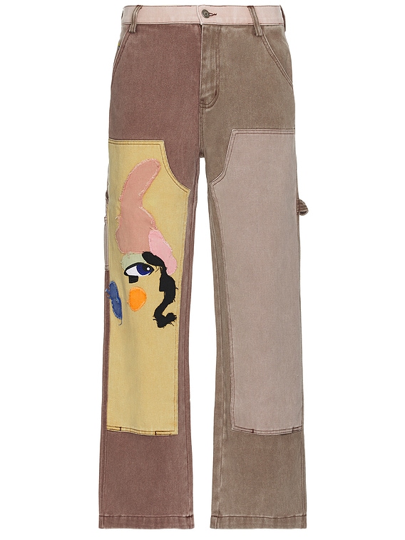 KidSuper Patchwork Face Double Knee Pants in Brown & Multi