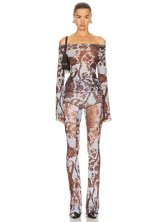 KNWLS Clavicle Long Sleeve Mesh Top in Wildflower Emboss