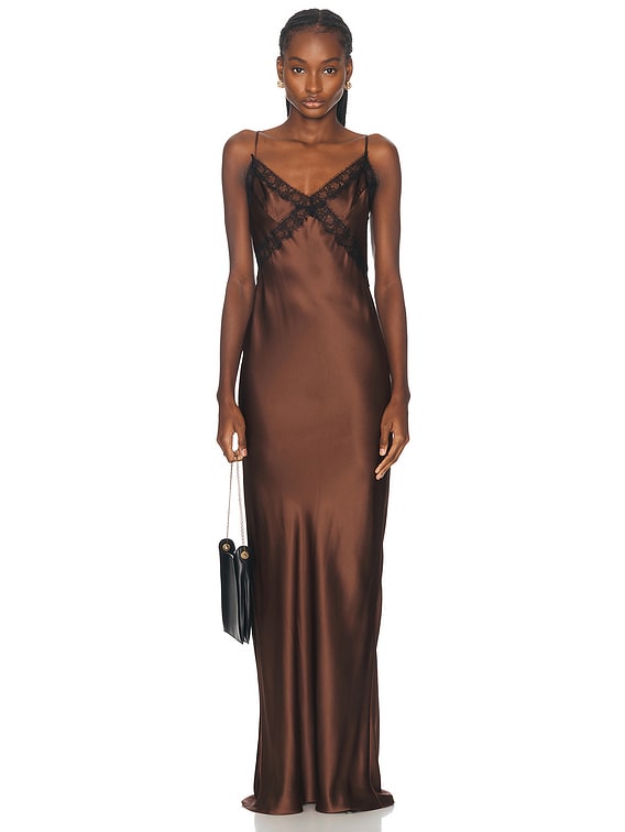 Kiki de Montparnasse Lace Inset Maxi Slip Dress in Mink | FWRD