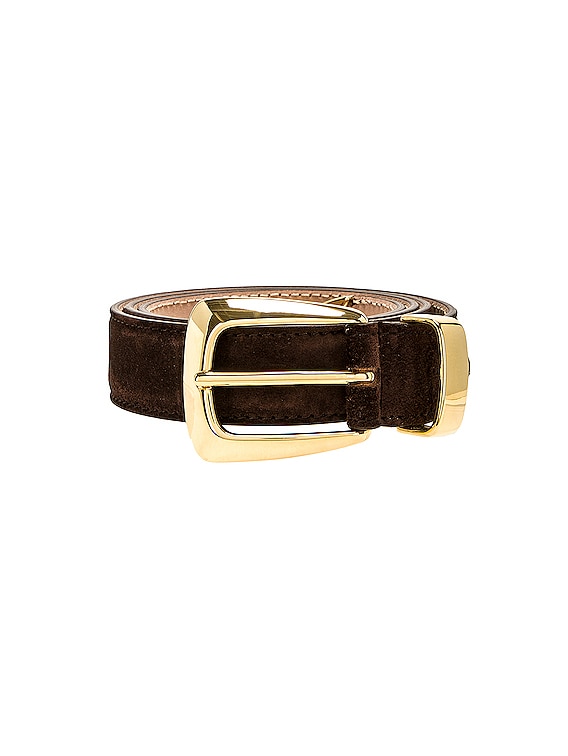 The Benny Belt in Coffee Suede with Gold– KHAITE