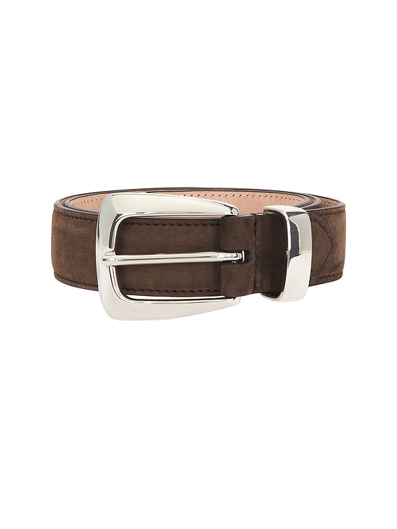 【KHAITE】ベニー・ベルト エバノスエードとシルバーバックル Benny Belt in Dark Ivory Pebbled Leather with Silver – KHAITE