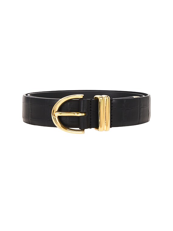 KHAITE Bambi Croc Embossed Skinny Belt in Black | FWRD