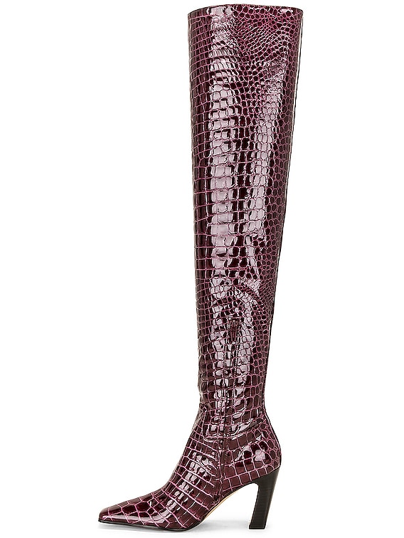 The Marfa Knee-High Boot in Bordeaux Croc-Embossed Leather