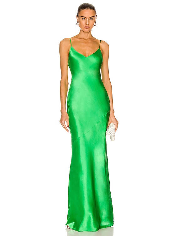 l'agence serita maxi v neck bias dress L'agence Serita Botanical Green Bias Silk Maxi Dress