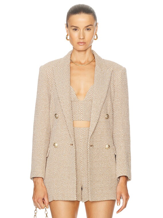 L'AGENCE Riva Knit Double Breasted Blazer in Tan & Ivory | FWRD L'AGENCE Riva Knit Double Breasted Blazer in Tan & Ivory | FWRD