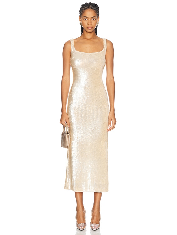 nude sequin midi dress Breeze-One-Shoulder Draped Sequin Midi Dress With Back Detail in Nude ILA Official
