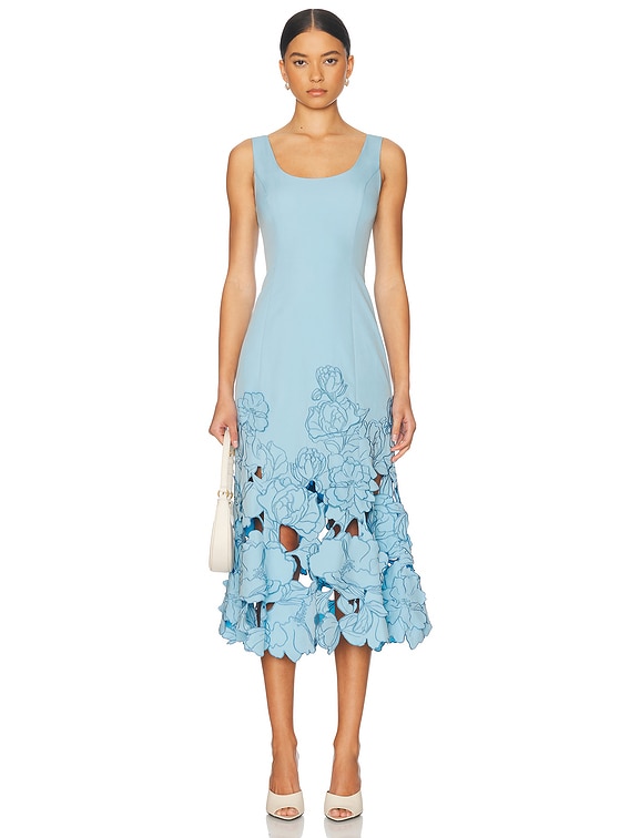 LEO LIN Emily Applique Midi Dress in Cornflower Blue | FWRD LEO LIN Emily Applique Midi Dress in Cornflower Blue | FWRD