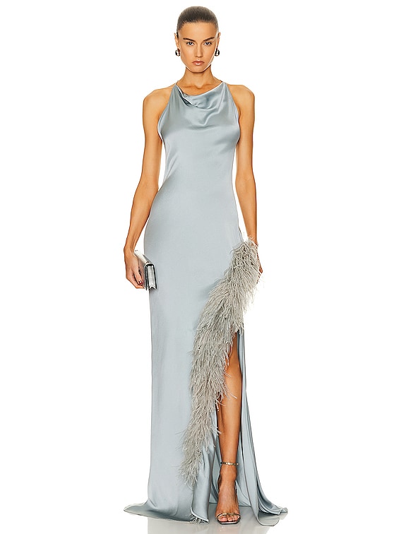 Doubleface Satin Halter Cowl Neck Ostrich Gown