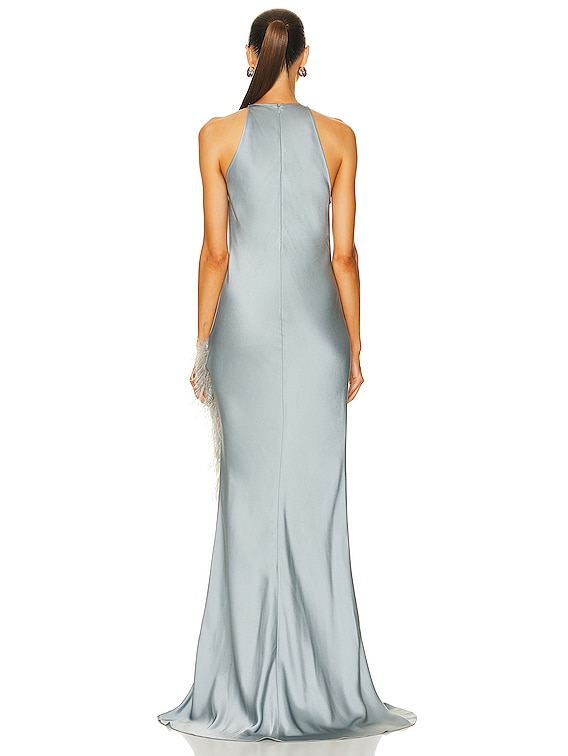 Doubleface Satin Halter Cowl Neck Ostrich Gown