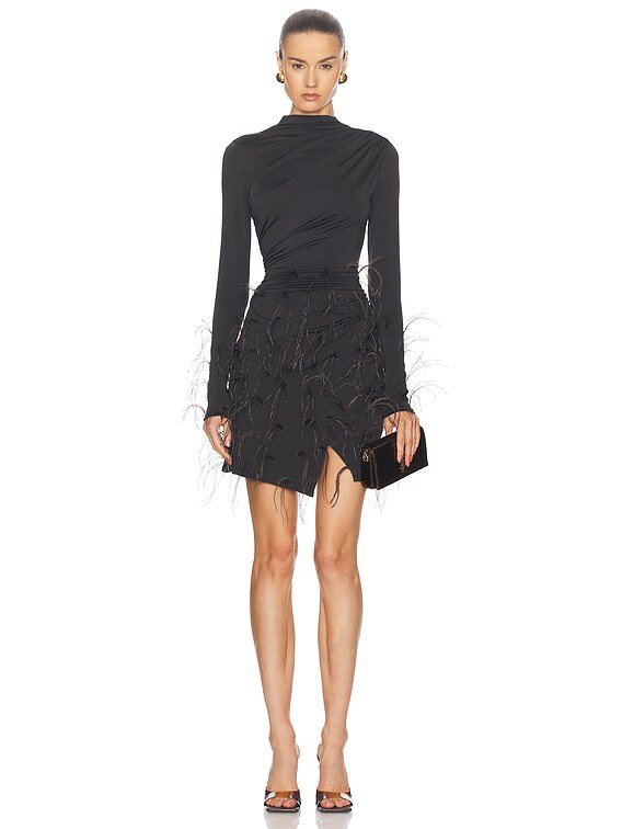 Lapointe Lightweight Jersey Long Sleeve Draped Ostrich Mini Dress in Cacao  | FWRD