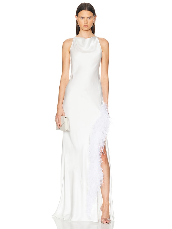 Doubleface Satin Ostrich Halter Cowl Neck Gown