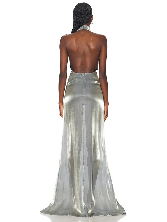 Lapointe Metallic Organza Halter Open Back Gown in Steel | FWRD Lapointe Metallic Organza Halter Open Back Gown in Steel | FWRD