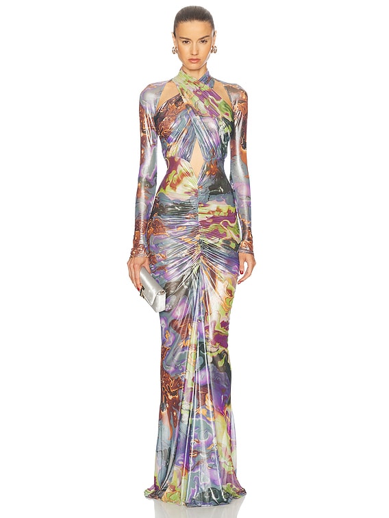 Printed Mesh Halter Ruched Gown