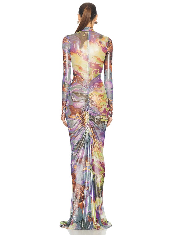 Printed Mesh Halter Ruched Gown