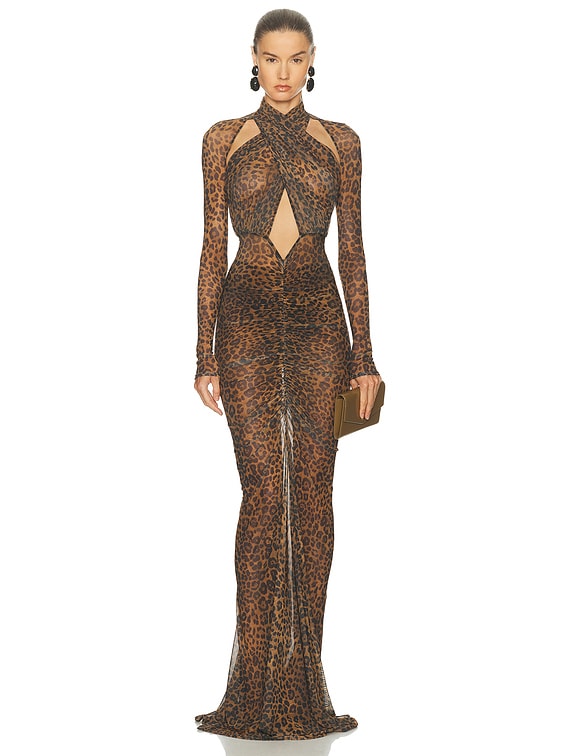 Printed Mesh Halter Ruched Gown