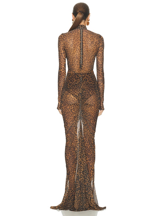 Printed Mesh Halter Ruched Gown