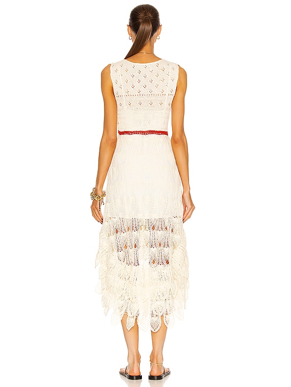 Loewe Paula's Ibiza Long Asymmetric Crochet Dress in Off White & Red | FWRD