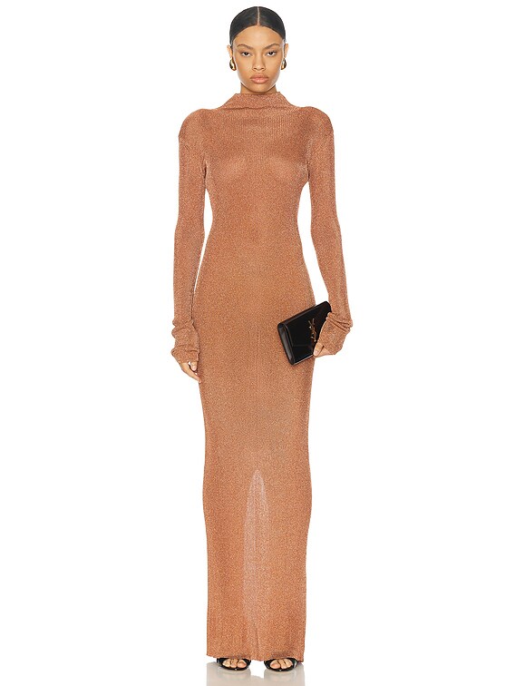 LaQuan Smith Long Sleeve Mock Neck Gown in Copper | FWRD