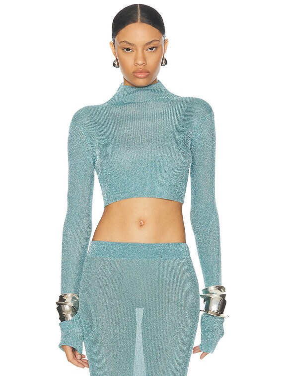 LaQuan Smith Long Sleeve Mock Neck Crop Top in Sky | FWRD