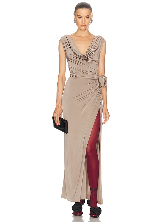 beige cowl neck dress Women's Beige Cowl Neck Midi Dress Wedding Guest Dress – ZINNTRA main image 0
