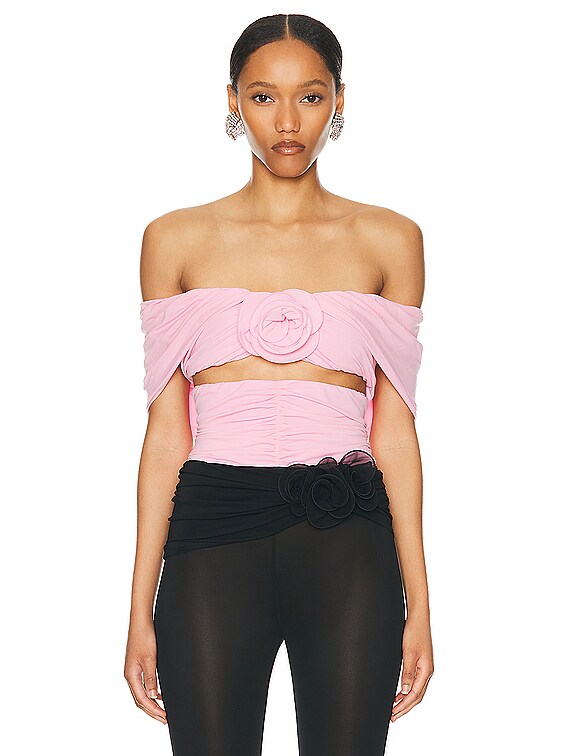 pink ruffle off the shoulder top