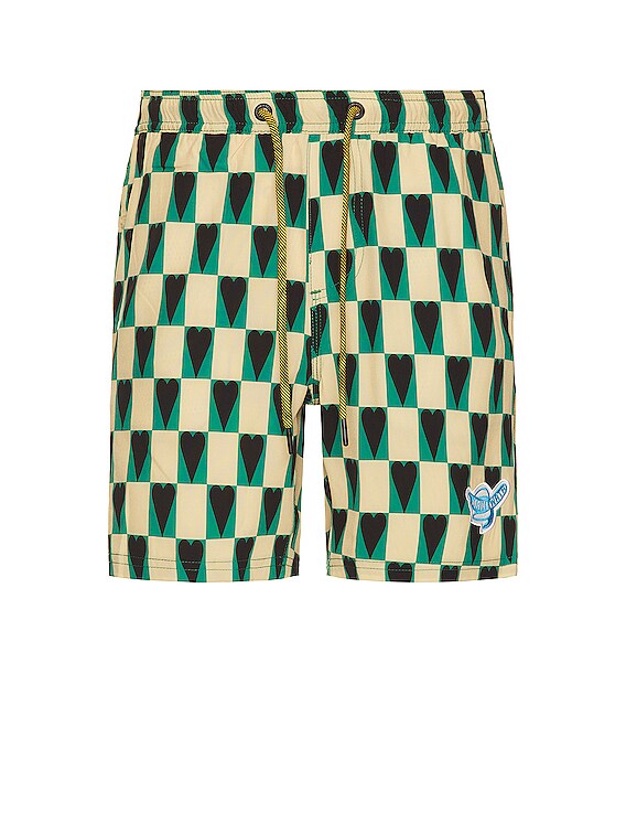 Mami Wata Heart Check Surf Trunk - Black/Green/Ecru | FWRD