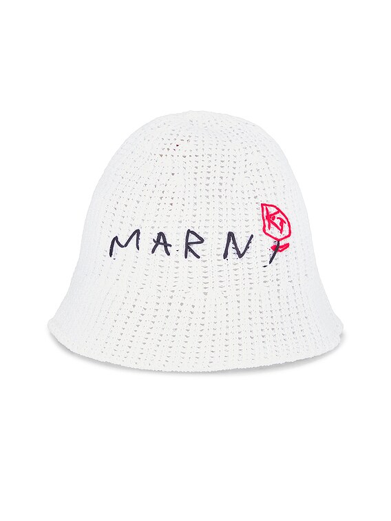 ■MARNI■ Embroidered Logo Crochet Bucket Hat Lily White CLM Marni Logo Crochet Bucket Hat in Lily White | FWRD