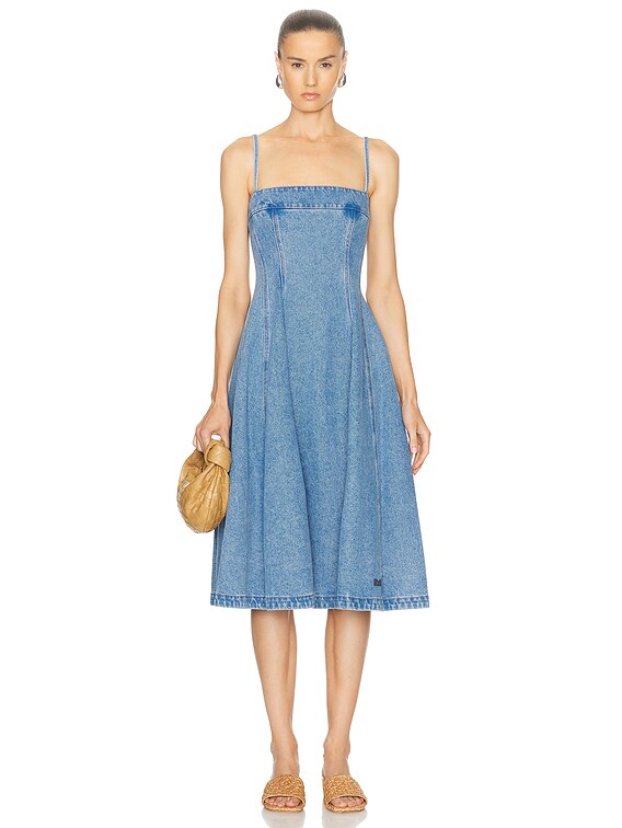 knee length dresses for ladies Blue Denim Sleeveless Pinstripe Starlight Midi Dress
