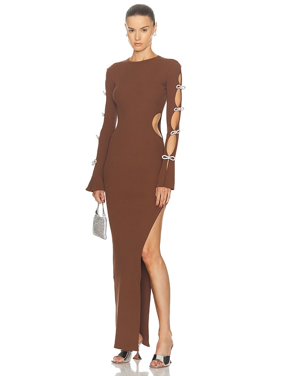 MACH & MACH Knit Cutout Maxi Dress with Crystal Bows in Brown | FWRD