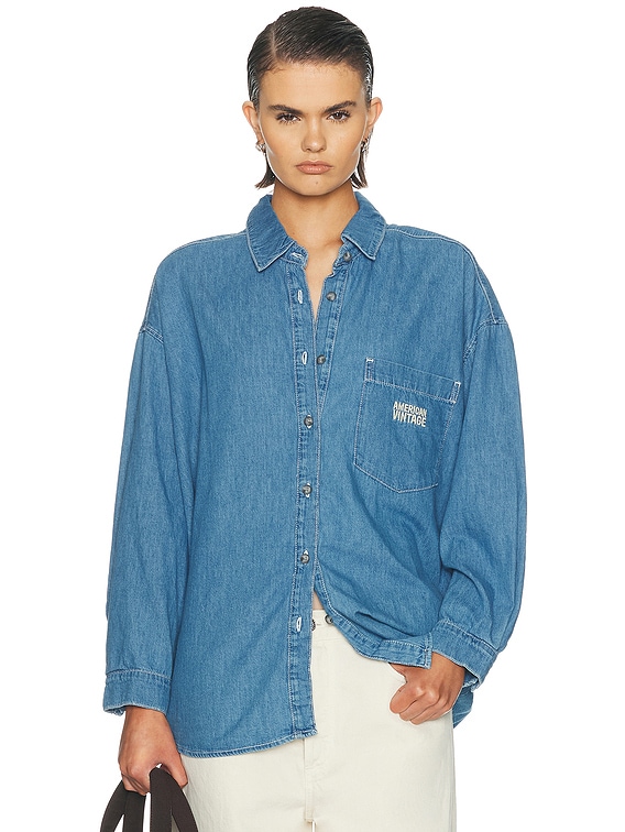 American Vintage Izeway Long Sleeve Shirt in Medium Blue | FWRD