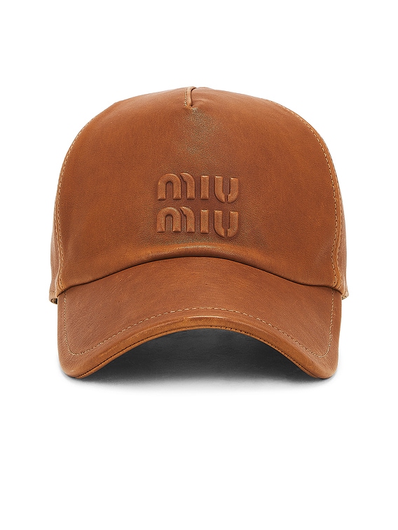 Miu Miu Logo Leather Hat in Caramel | FWRD