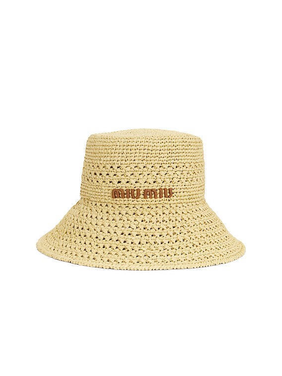 【MIUMIU】Crochet Raffia Bucket Hat (Natural:Cognac) Miu Miu Raffia Bucket Hat | italist