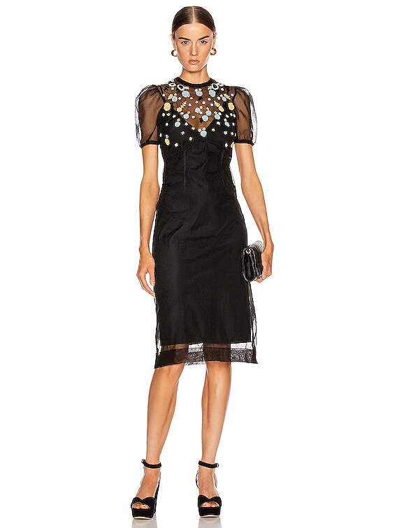 Miu Miu Short Sleeve Floral Embroidered Dress in Black | FWRD
