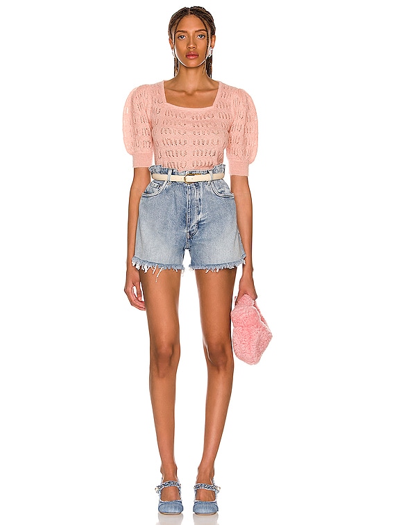 Miu Miu Logo Short Sleeve Sweater in Cipria | FWRD
