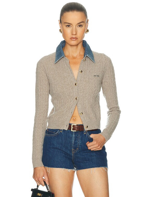 Miu Miu Wool Cashmere Chambray Cardigan in Sabbia | FWRD