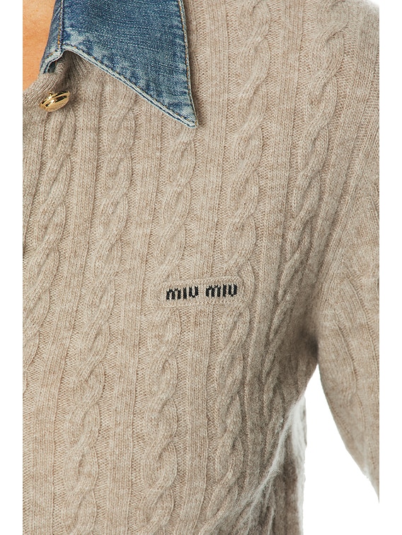 Miu Miu Wool Cashmere Chambray Cardigan in Sabbia | FWRD