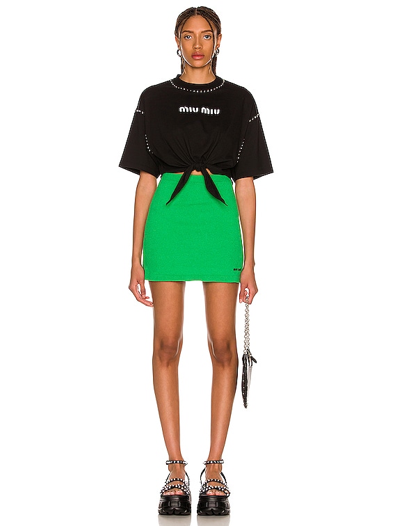 ミニスカート MIU MIU DARK GREEN COTTON MINI SKIRT Miu Miu Cotton Boucle Mini Skirt in Verde | FWRD