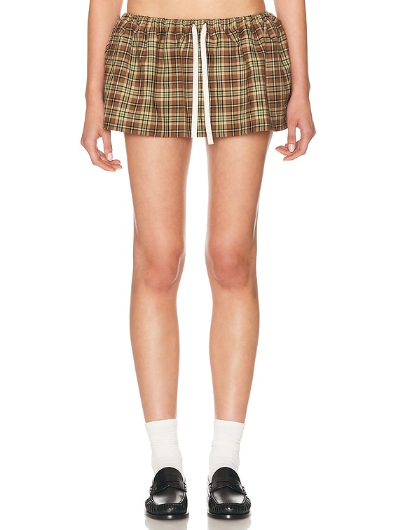 Miu Miu Drawstring Waist Mini Skirt in Cammello & Tabacco | FWRD