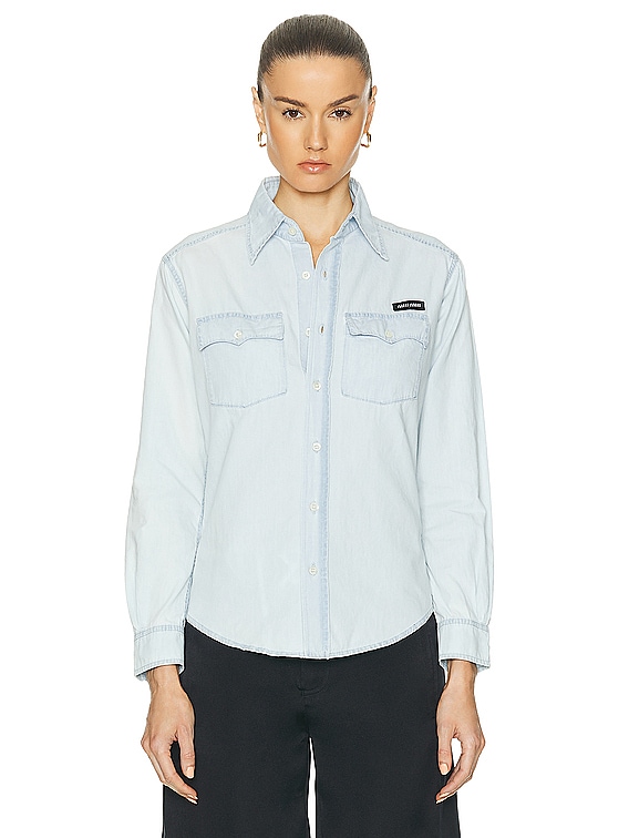 Miu Miu Button Up Top in Celeste | FWRD Miu Miu Button Up Top in Celeste | FWRD