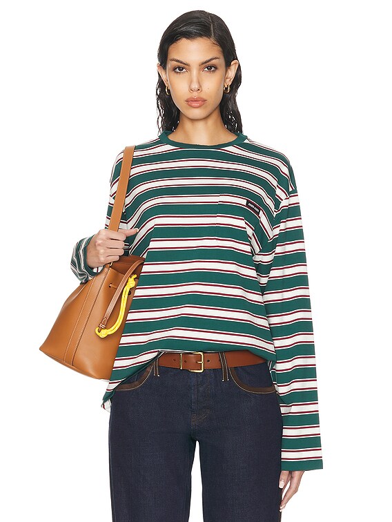 Miu Miu Long Sleeve Shirt in Verde, Bianco, & Cognac | FWRD